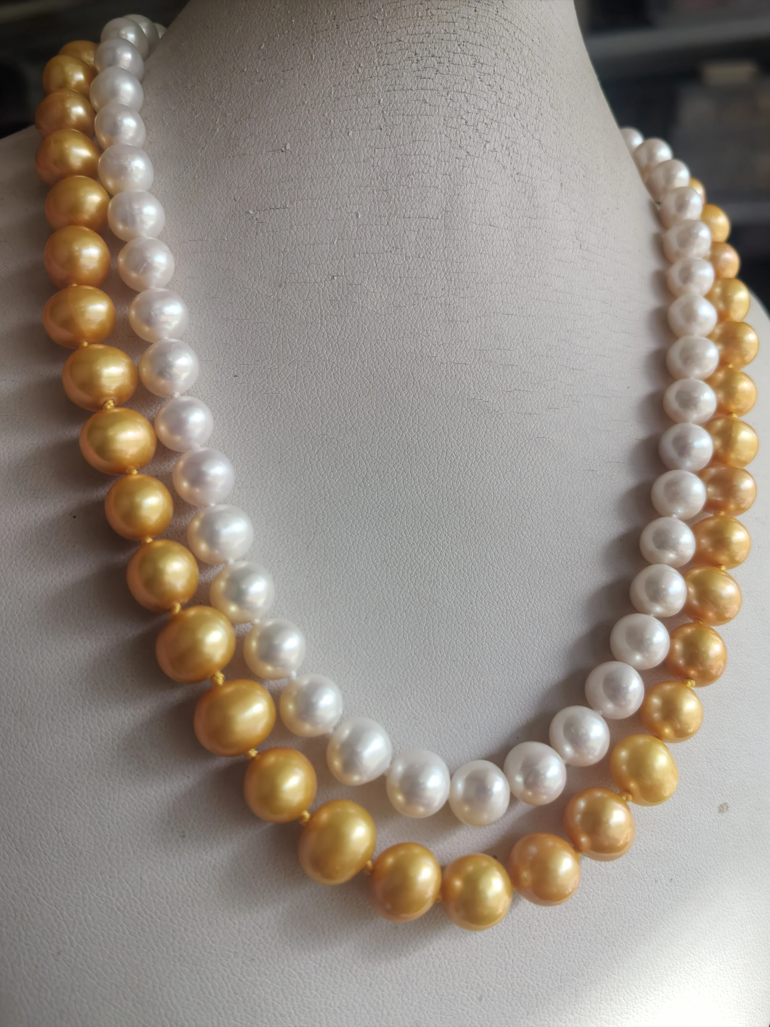 2 rows AAA+7-8mm 9-10mm Natural seawater akoya white gold round Pearl Necklace 925s 18inch