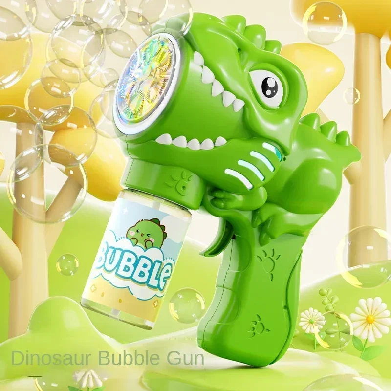 Máquina de bolhas de dinossauro com 6 buracos, pistola de bolhas totalmente automática com soprador de sabão automático leve, brinquedos de jogo ao ar livre