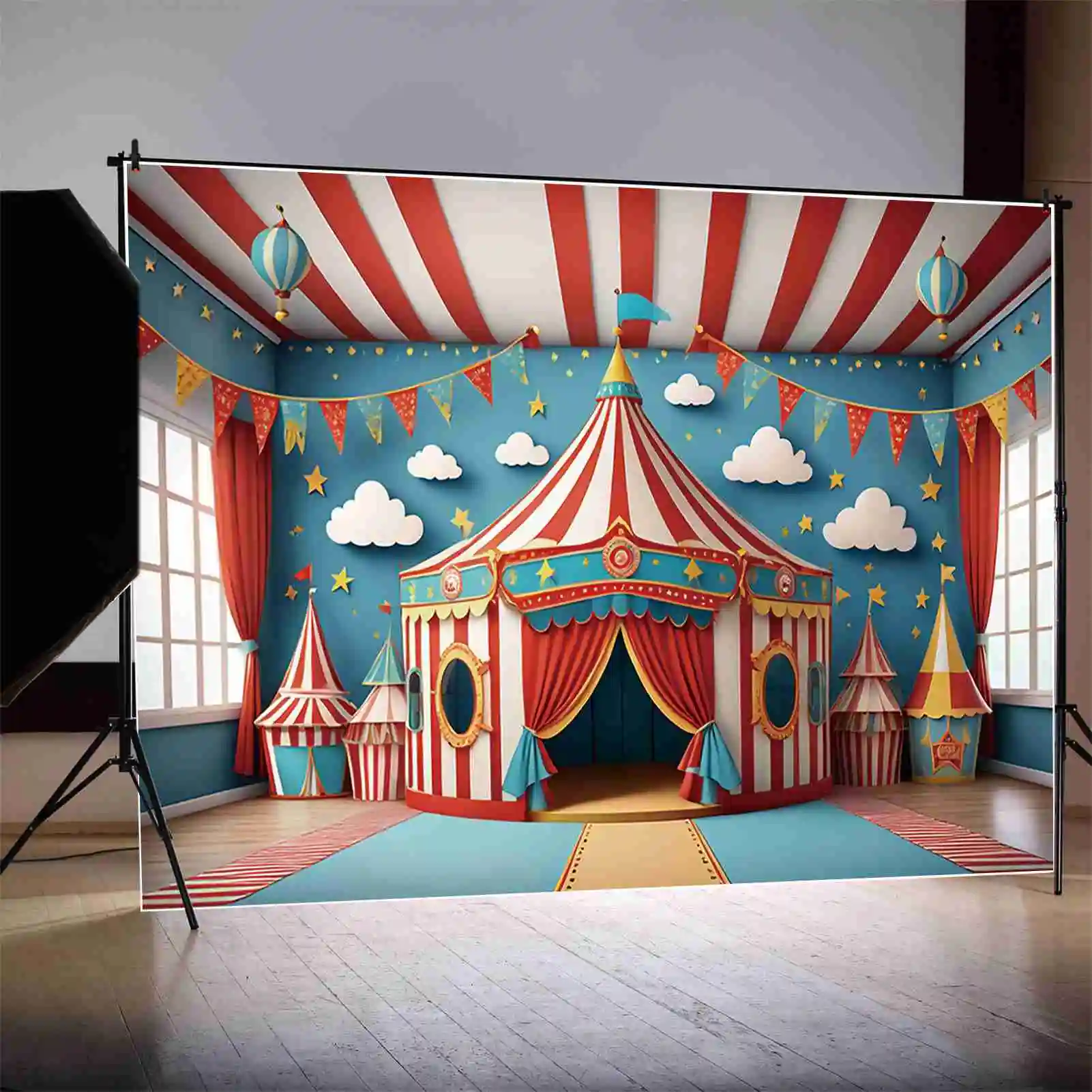 MOON.QG Circus Tent First Birthday Backdrops Baby Indoor Hot Air Balloon Carnival Background Custom Party Photocall Supplies