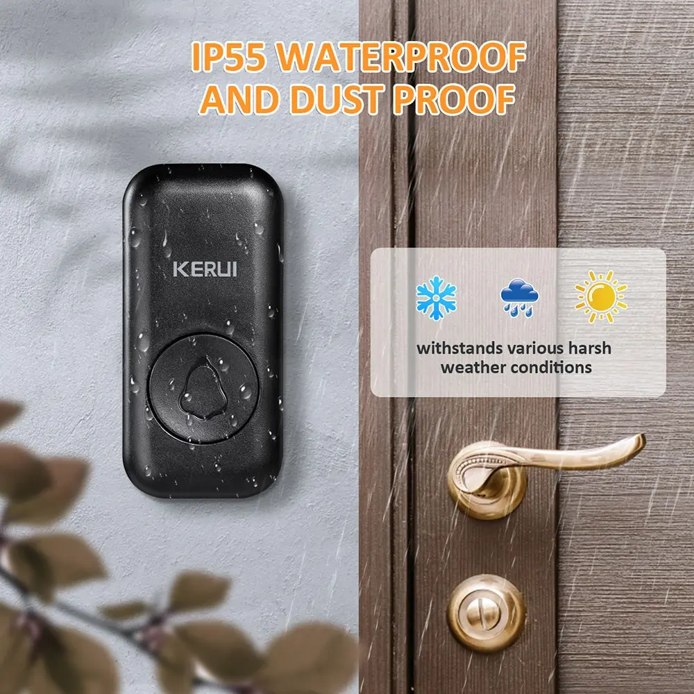 KERUI Wireless Doorbell Waterproof Push Button 57 Chimes 110dB Loud Sound Smart Home Door Bell with 1 Receiver & 2 Buttons