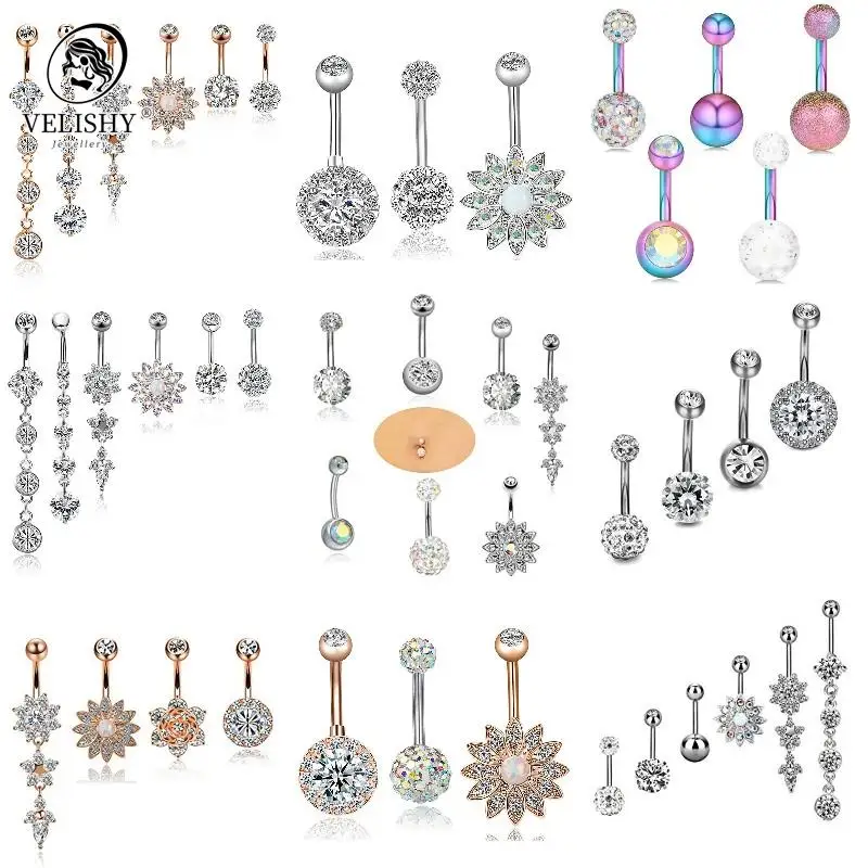 2/4/5/6/7Pcs/Set Stainless Steel Sexy Dangling Navel Belly Button Ring Crystal Surgical Steel Piercing Body Jewelry Women Gift