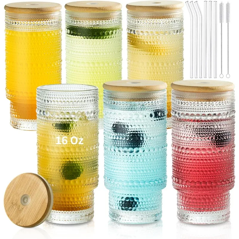 Set of 6 Hobnail Drinking Glasses with Cool Glassware Lid and Straw, 16oz XL Highball Bubble Cocktail