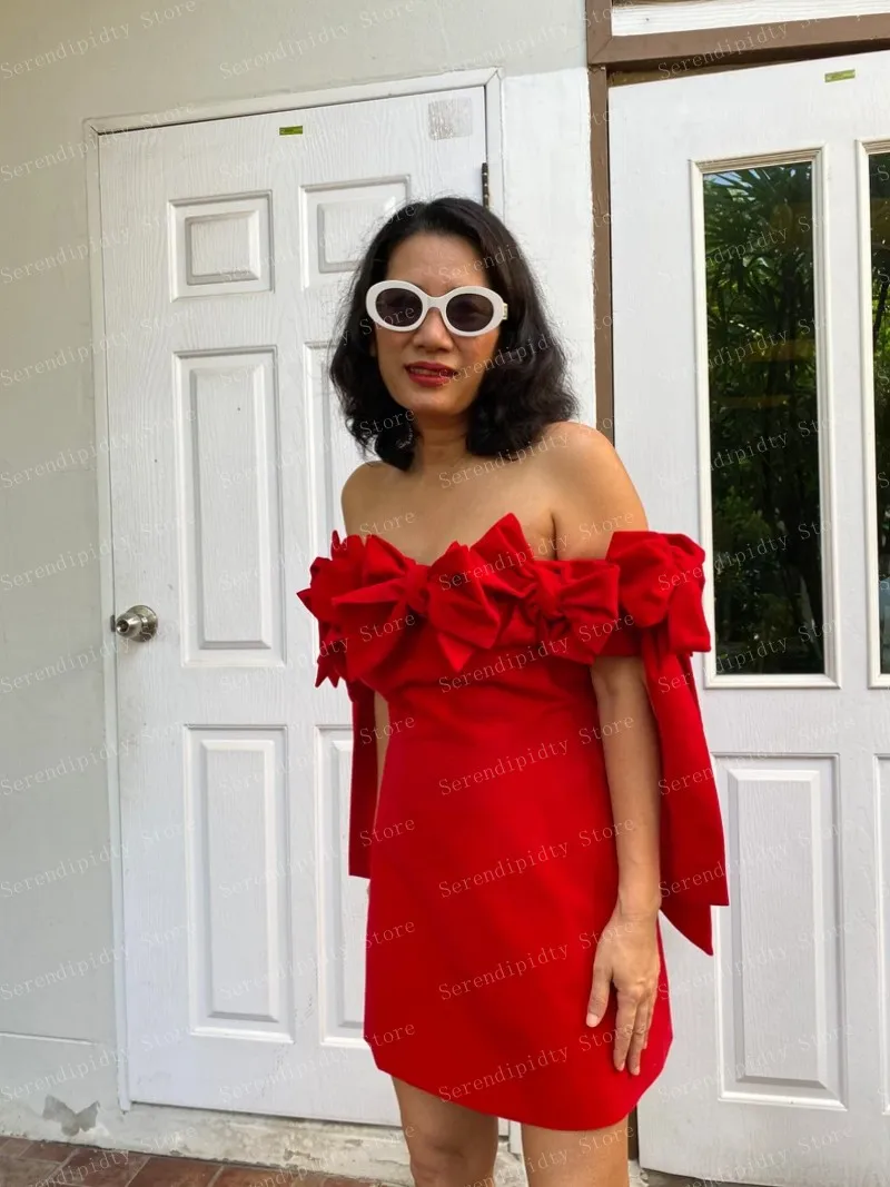 Graceful Off Shoulder Straight Mini Party Dress With Bows Christmas Red Matte Satin Cocktail Dresses For Festival Ever Pretty