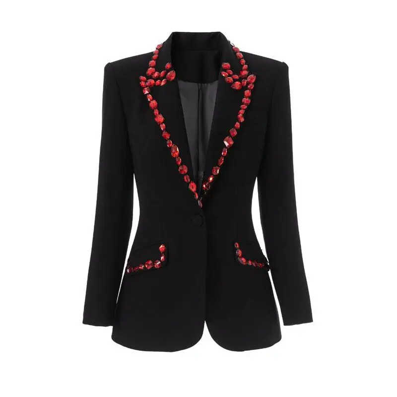 

Fashionable Professional Commute Style Tailored Jacket Red Nail Pearl Decorated Slim Fit Women's Blouse Spring Season Chinese...
