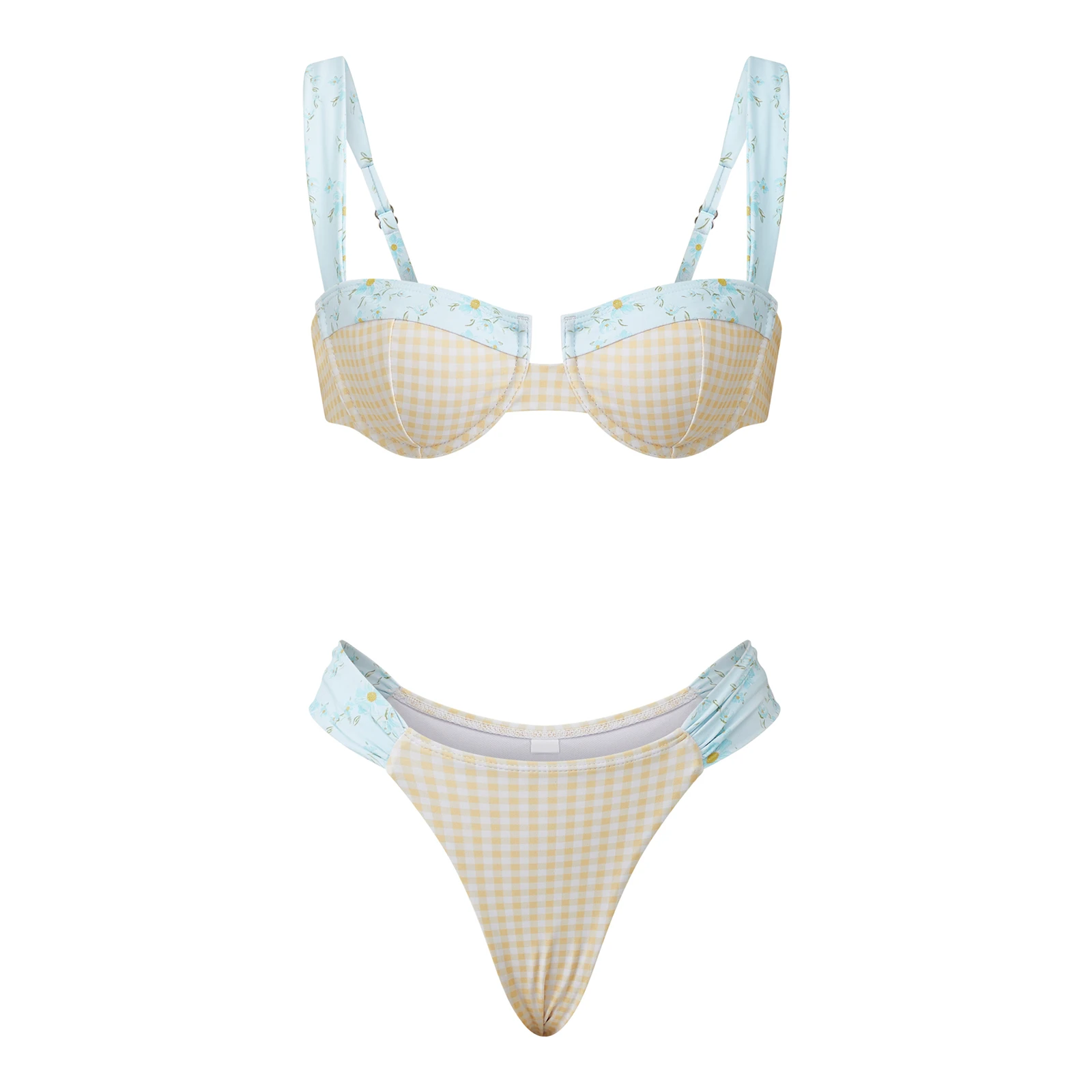 Womens Plaid Bikini Swimsuits Sleeveless Bra Tops with Thong 2 Pcs Set Stylish Bikini Bathing Suit