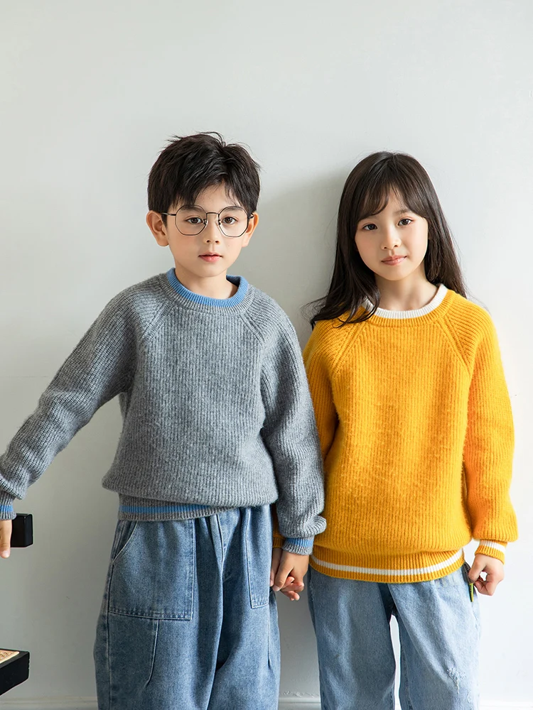 

Children 100% Wool Color Match Crewneck Fisherman Rib Pullover Boys Girls Kid Heavy Sweater Teenager Tops Jumper Winter