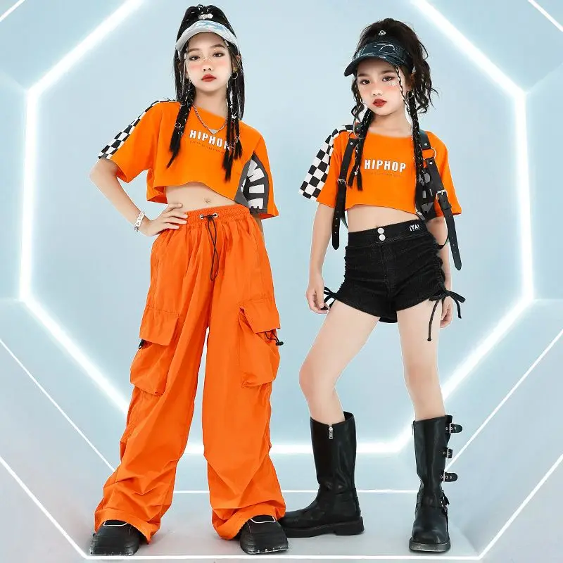 Girls Group Jazz Dance Costumes Orange Top Jogger Pants Kids Cool Hip Hop Clothing Kpop Stage Outfit Street Wear