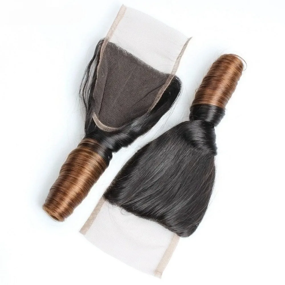 Blocco di capelli per persona reale 10A T1B/4 #   Chiusura di capelli umani reali al 100% di Remy vergine brasiliana con curvatura a molla a doppio colore