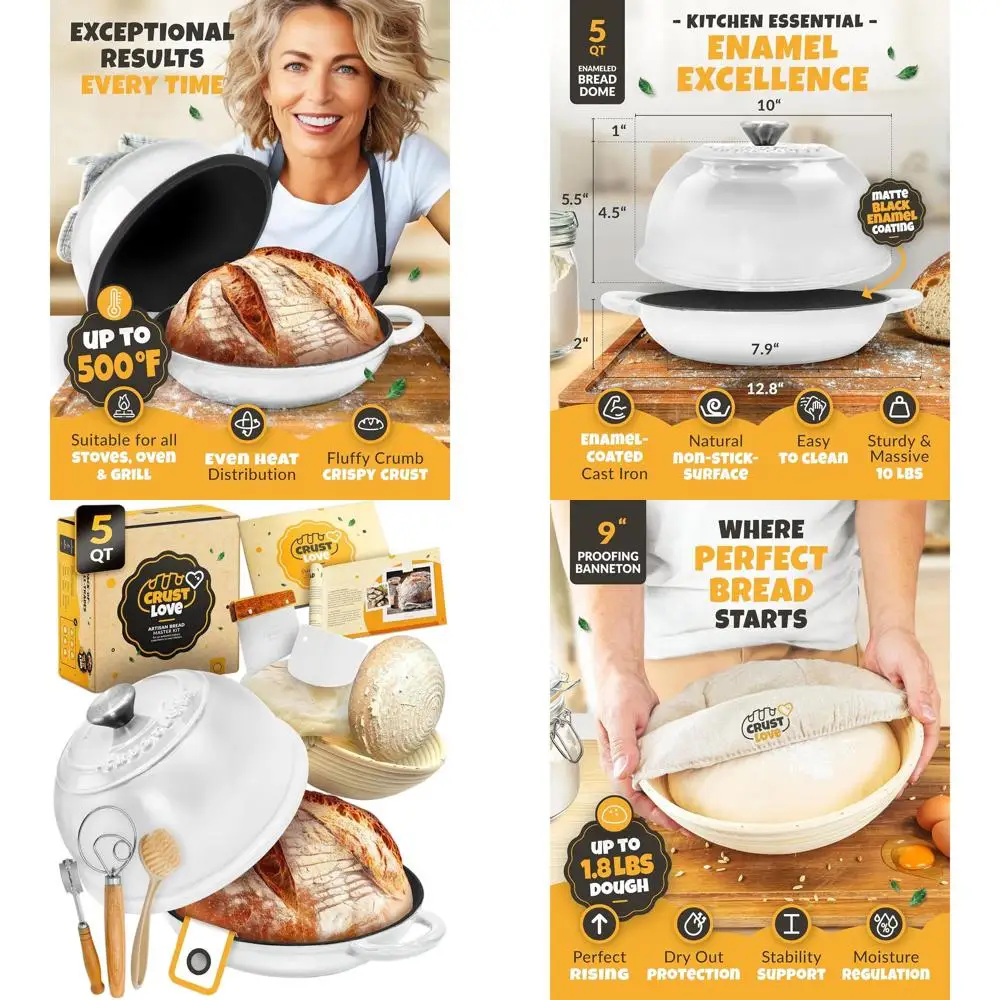 

Эмалированная форма для выпечки хлеба Dutch Oven - 5QT, в комплекте с принадлежностями для выпечки хлеба на закваске, такими как венчик для теста, нож для надрезания теста и т.д.