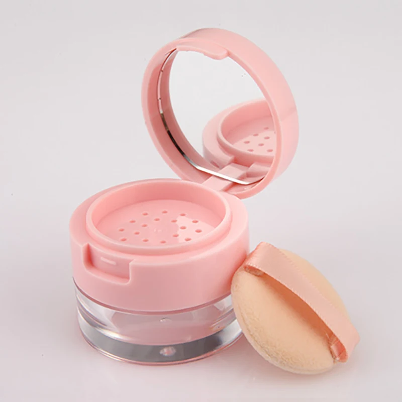 Pink Portable Plastic Loose Powder Box Travel Makeup Small Containe Empty Container With Mirror Cosmetic Sifter Loose Jar