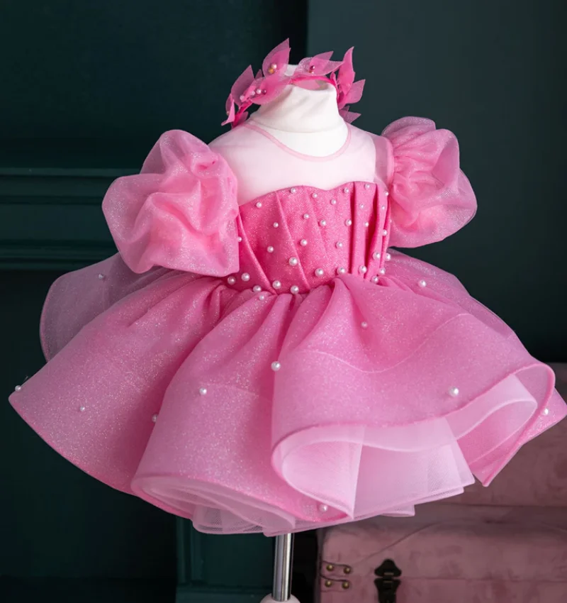 

Fluffy Pink Baby Girl Dress with Big Bow Sheer Neck Princess Wedding Gown Toddler First Birthday Dress Kid Costumes 12M 24M Gift