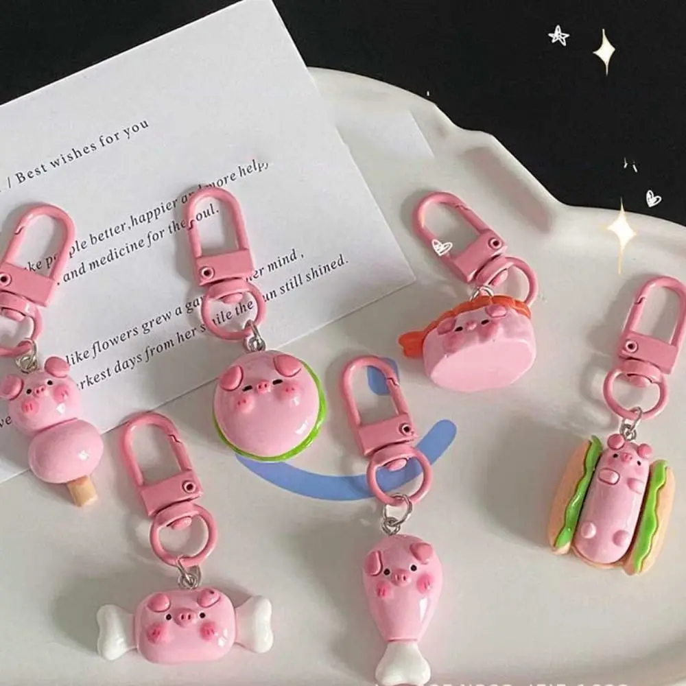 LLavero de Metal de cerdo Rosa Gourmet para niños, llavero de Animal de hamburguesa de cerdo rosa de resina, llavero de comida de cerdo pequeño y elegante