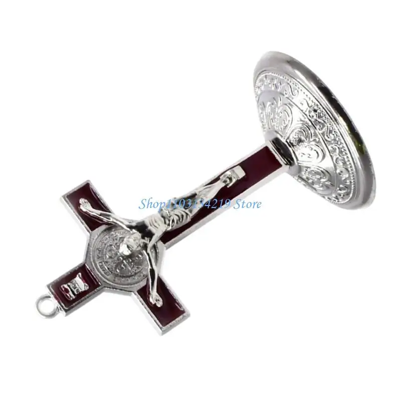 N5KC 9cm Alloy Crosses Statue with Base Metal Crucifix Religious Collectible Ornament