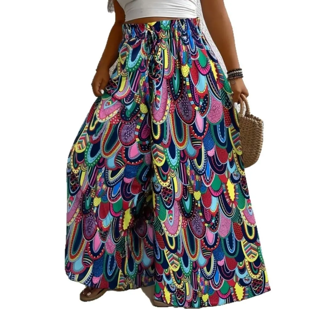 

plus Size Women's Bohemian Feather Printed Pants High Waist Wide Leg Loose Fit European American Style