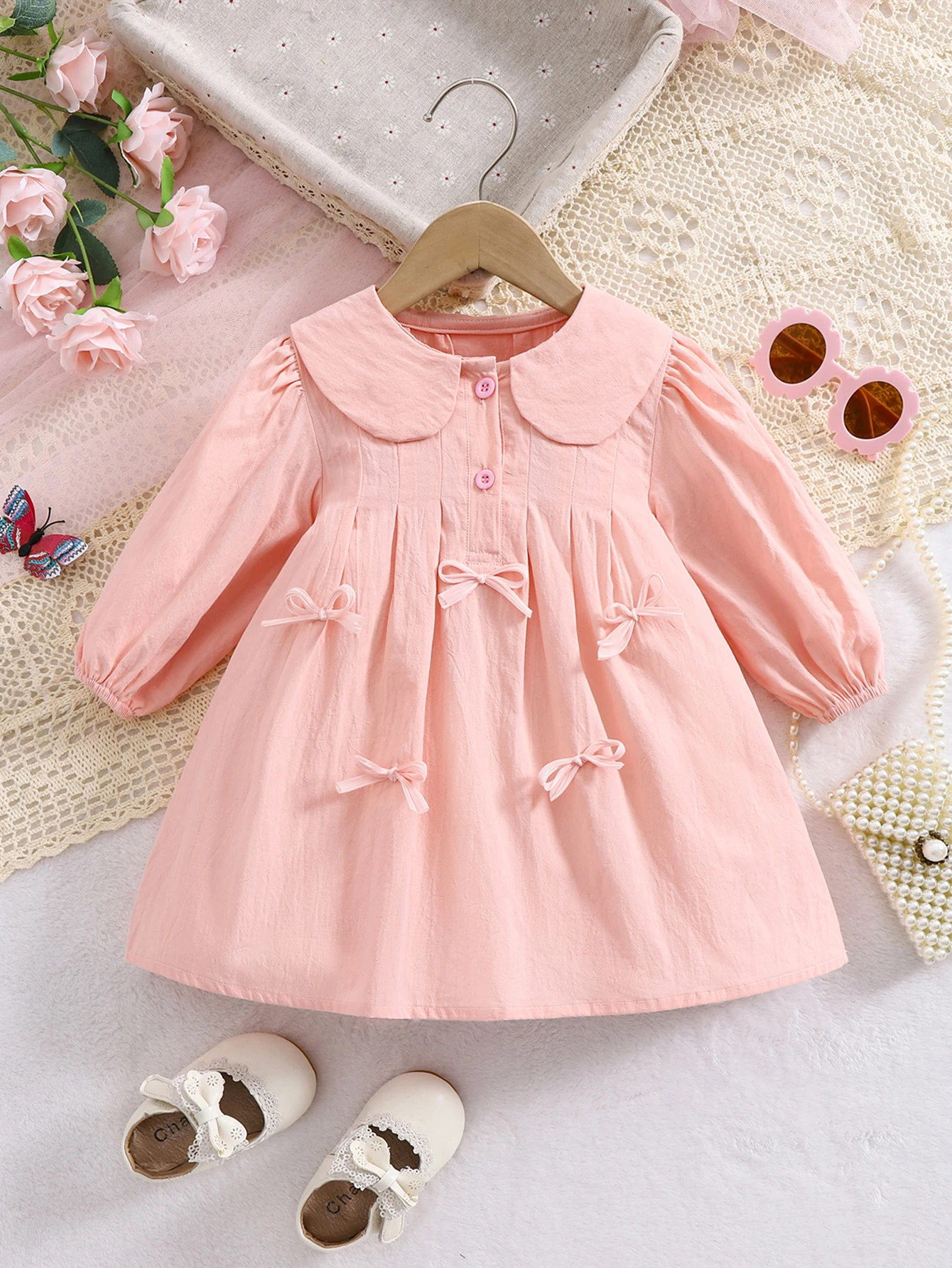 

Весенне-осеннее платье с длинными рукавами для девочек и милой юбкой с лацканами и бантом на талии