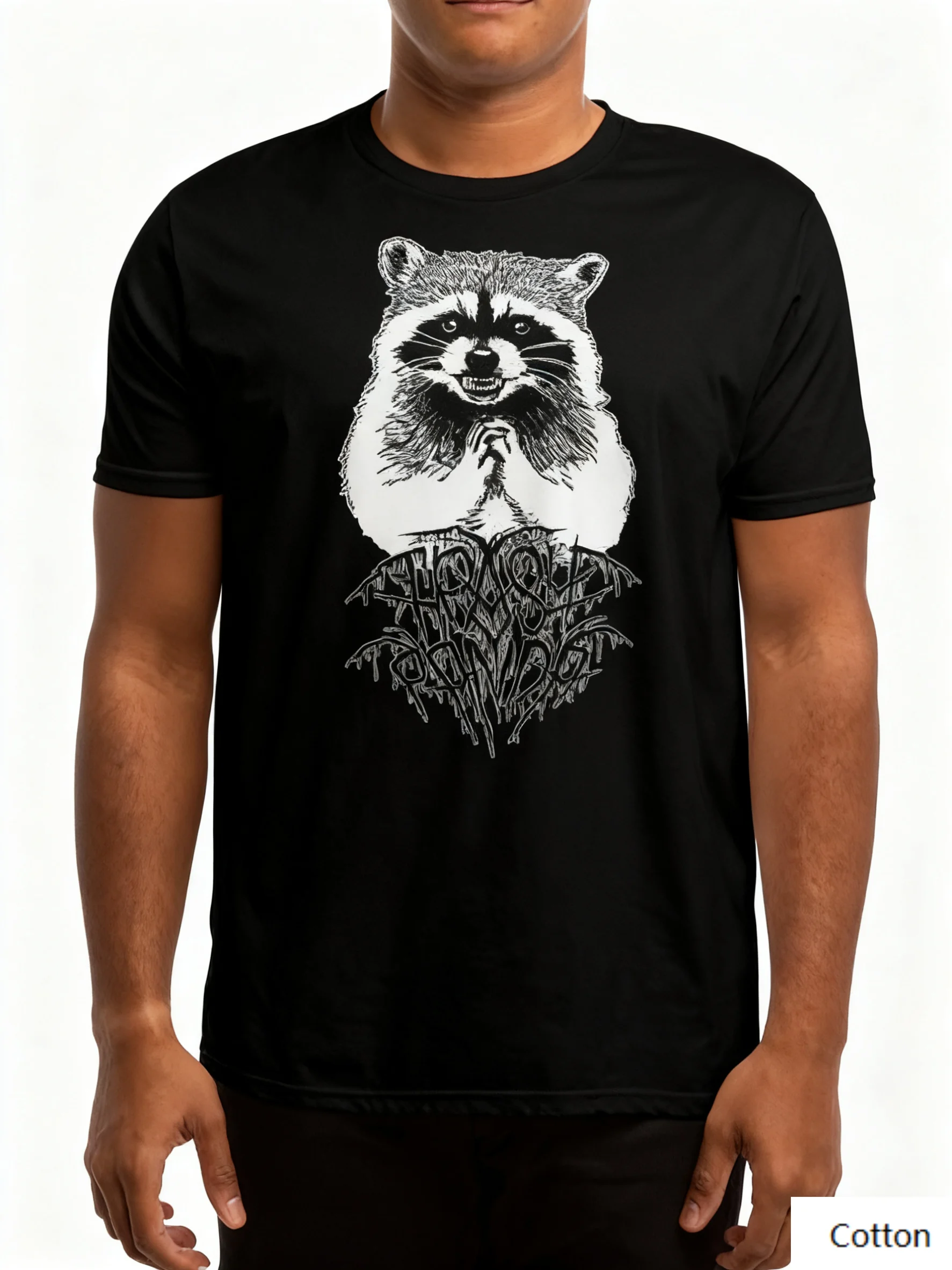 

Dark Humor “Metal Raccoon Prayer” Cotton Crew Neck T Shirt Featuring A Unique Design of A Raccoon in A Prayer Pose