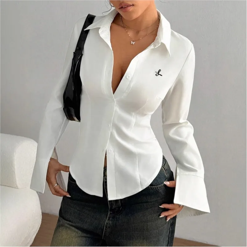 

Solid Color Long Sleeved Single Breasted Slim Fit Casual Embroidered Shirt Spring Autumn New Women's Clothing Elegant Top