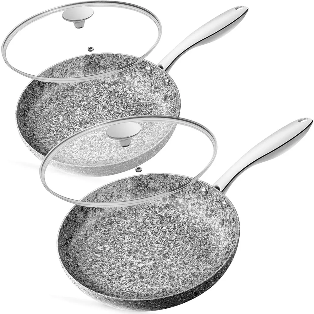 

Frying Pan Set with Lid, 8" & 10" Granite Frying Pan Set with 100% APEO & PFOA-Free Stone Non Stick Coating, Granite Skillet Se