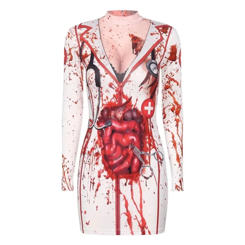 Disfraz de Cosplay de Halloween para mujer, vestido gótico de fiesta de enfermera adulta, estampado de esqueleto, Vestido de manga larga para carnaval, vestido de fiesta elegante