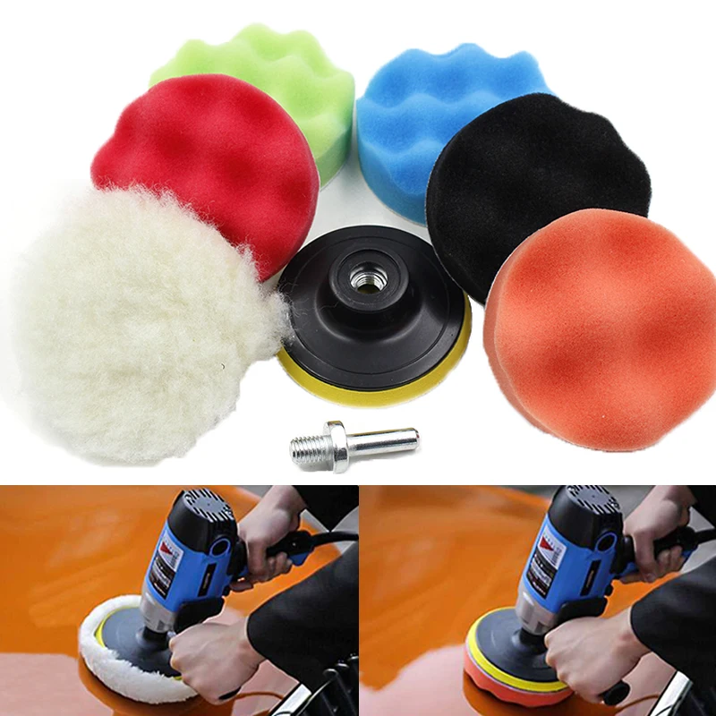 8Pcs 3/4/5/6/7Inch Car Polishing Kit Self-Adhesive Buffing Waxing Sponge Wool Wheel Polish Pad Drill Adapter Detail Cleaning