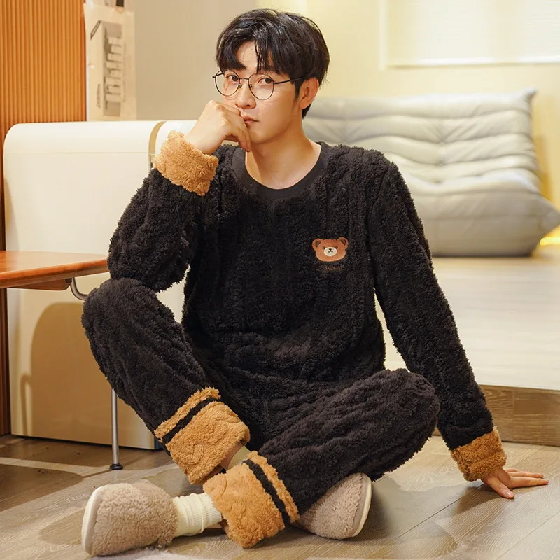 

Large Size Coral Fleece Pajama Set Men Winter Sleepwear Flannel Loose Pullover Trousers 2 Pieces Loungwear Soft Comfort Homesuit