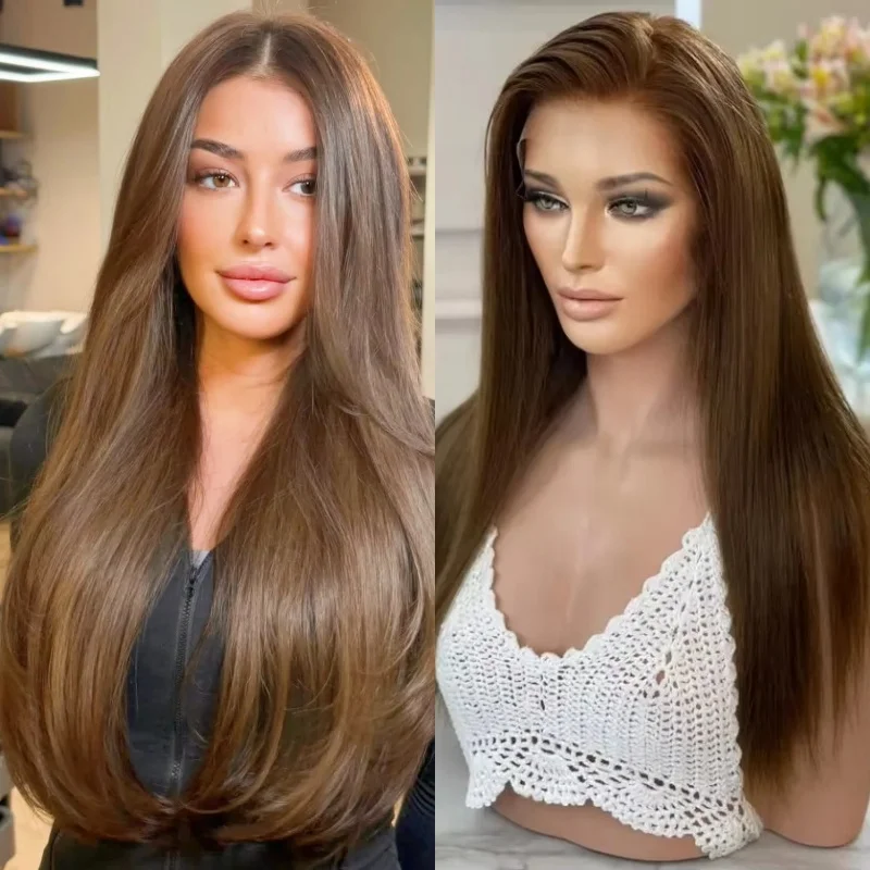 High Quality Synthetic Wig Ombre Chocolate Brown HD Invisible Lace Front Wig Heat Resistant Fiber Wig Soft Long Straight Wig