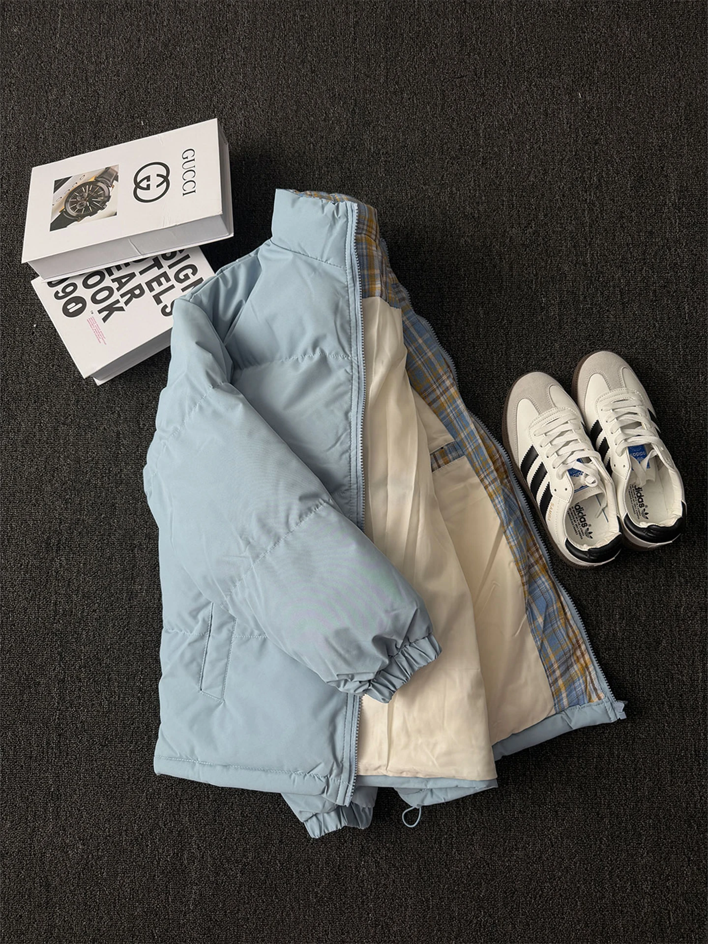 

Мужская утепленная куртка из хлопка в клетку цвета ледяной синевы с воротником-стойкой, пуховик для пар, осенне-зимняя верхняя одежда