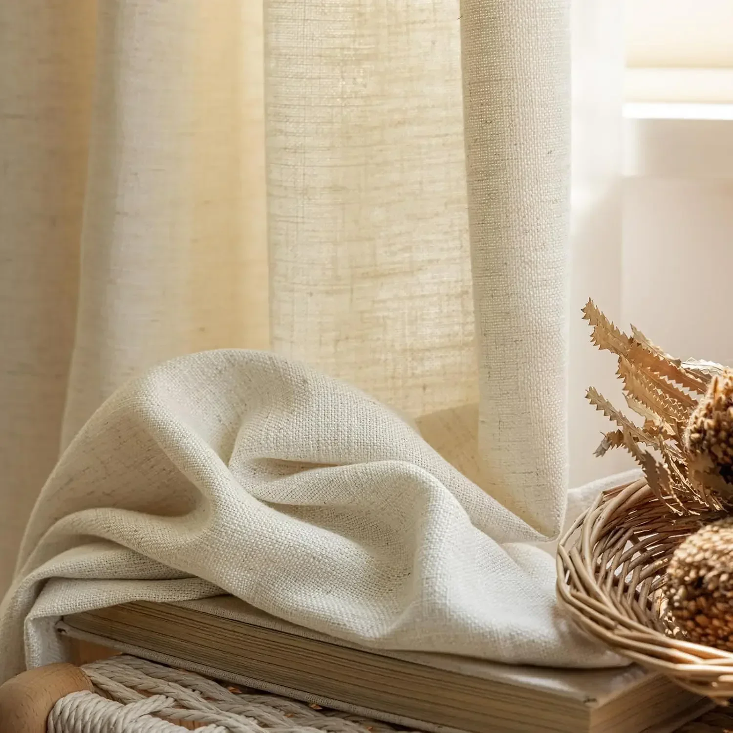 Sand Beige Privacy Curtains Short, Double Pleated Linen Fabric Window Curtains, 72