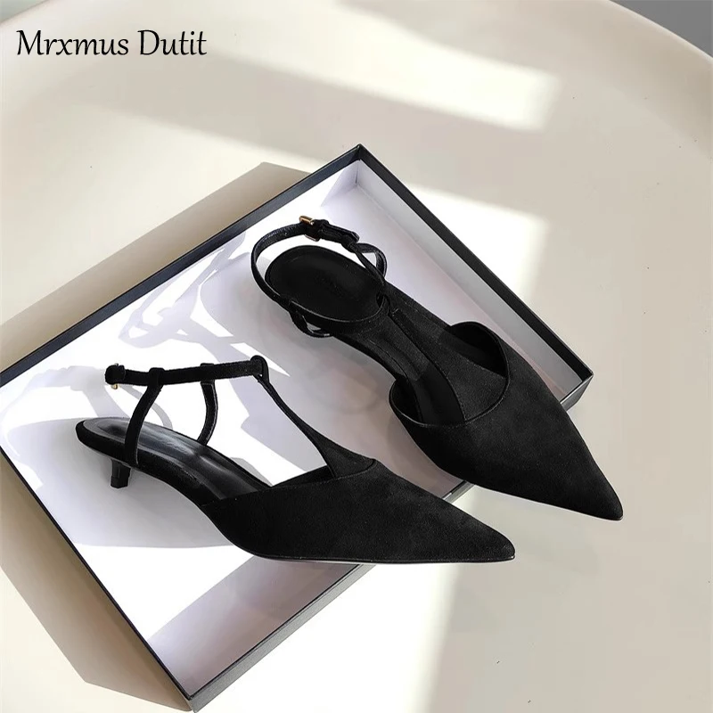 Mrxmus Dutit Women 2024 New Summer Fashion Leather Suede Pointed Low Heeled Sandals Comfort Solid Simple Elegant Shoes Female