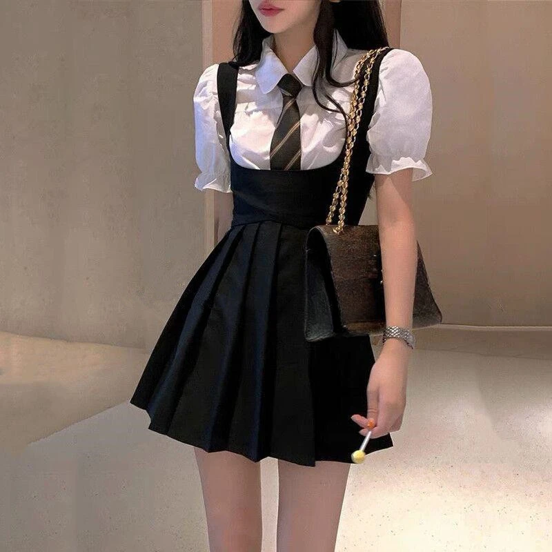 Summer Women's Dresses Sets Uniform Sling Pleated Skirt Bubble Sleeve Shirt Two Piece Set