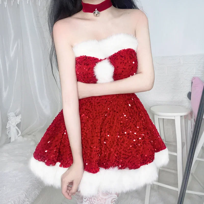 2022 Christmas Dress Sexy Pink Red Sequins Lingerie Dress Bunny Girl Off Shoulder Anime Santa Claus Princess Cosplay Costumes