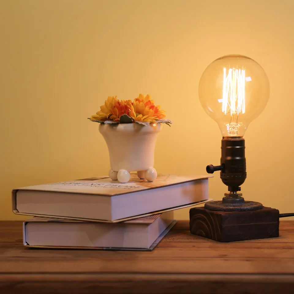 Industrial LED Table Lights With Dimmer Switch Wood Desk Lamp Retro Home Decor Creative Art Gift Night Light