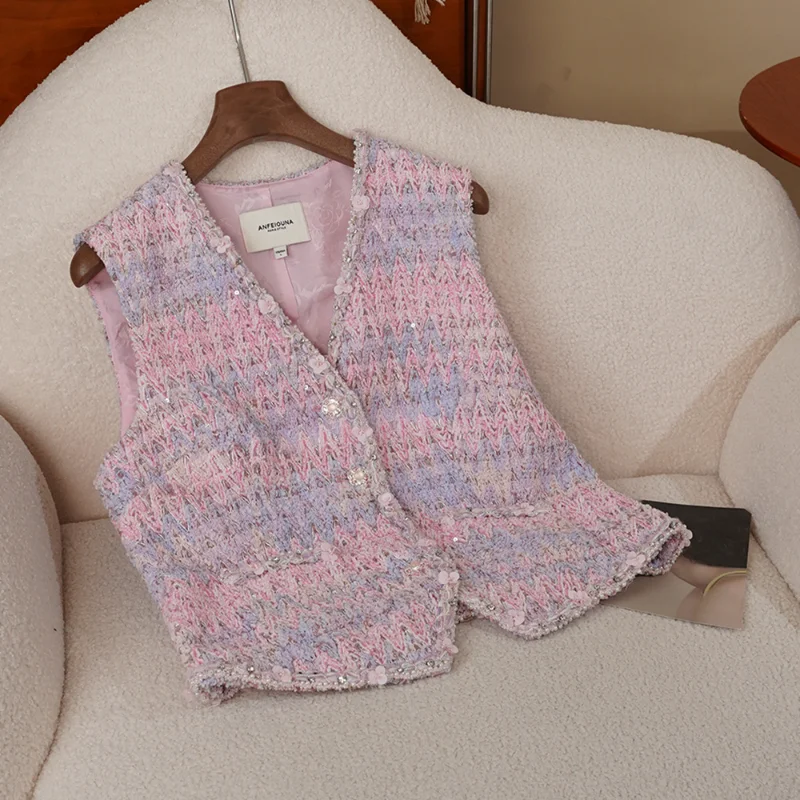 Fragrance V-neck Beaded High-quality Luxury Sleeveless Vest Women Fashion Sweet Vintage Wine Tweed French Lady Vest Coat