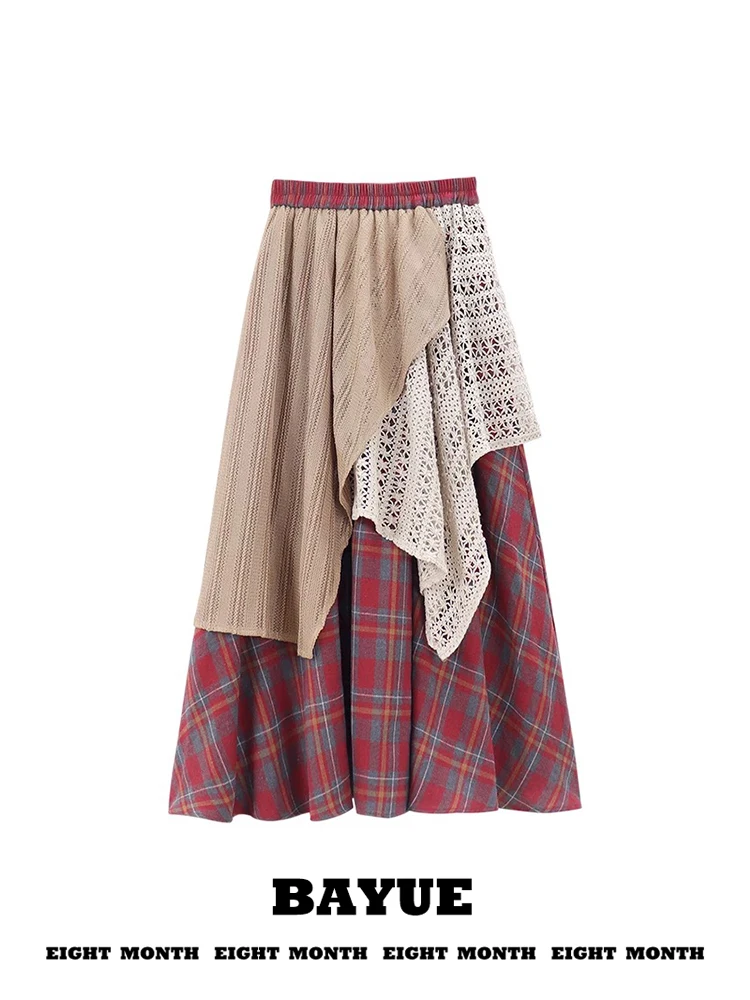 Retro Red Plaid A-Line  Skirt Women's Autumn Winter Double Layer Asymmetrical Color Design High Waist Slim Long Skirt