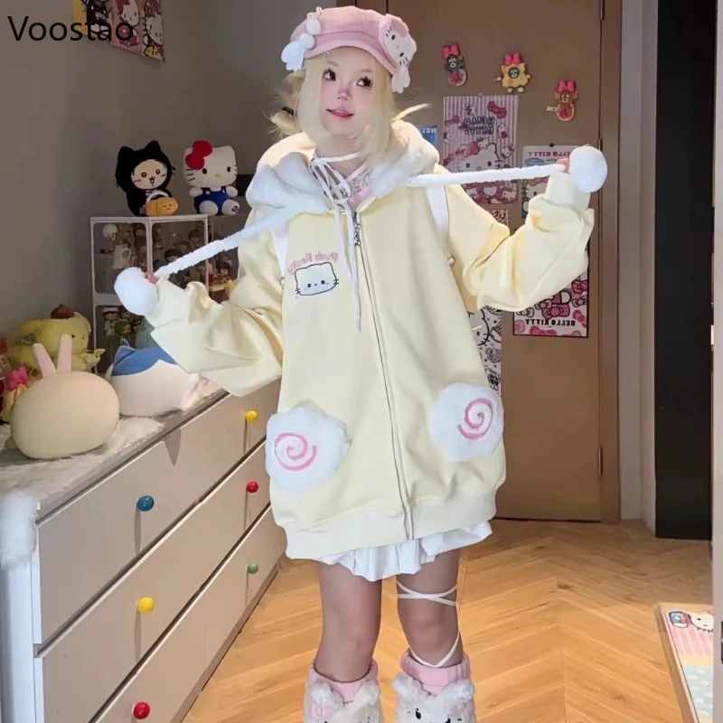 اليابانية Kawaii الكرتون التطريز لوليتا هوديس المرأة لطيف جيب فضفاض قمصان سويت شيرت بقلنسوة Y2k الجمالية عادية الجرونج هودي