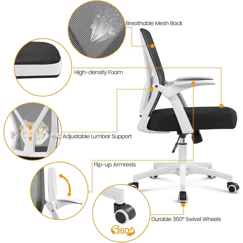 인체공학적 사무실 의자, 메쉬 책상 의자, 플립 업 팔걸이, 회전 조절 의자, 요추 지지대, 홈 오피스 화이트