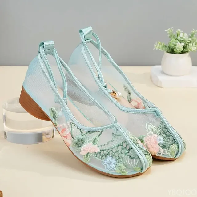 Summer New Ethnic Style Shoes Lace-up Mesh Thin Casual Flats Breathable Shallow Mouth Shoes Soft Soled Comfort Embroidered Shoe