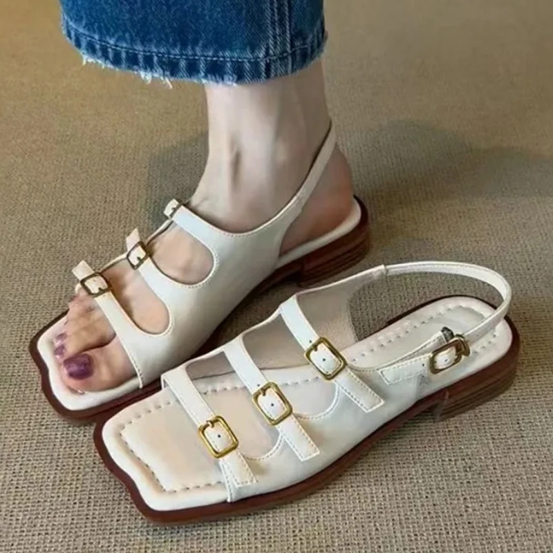 

Винтажные белые сандалии на плоской подошве с узким ремешком и пряжкой, женские лаконичные удобные мокасины, римские сандалии, летняя пляжная обувь с открытым носком