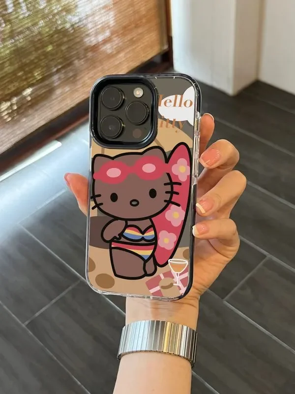 Sanrio Hello Kitty Surfing Sexy Black KT Phone Case For iPhone 16 15 14 12 13 11 Pro Max XR XS MAX 7 8PLUS MINI Kawaii Y2K Cover