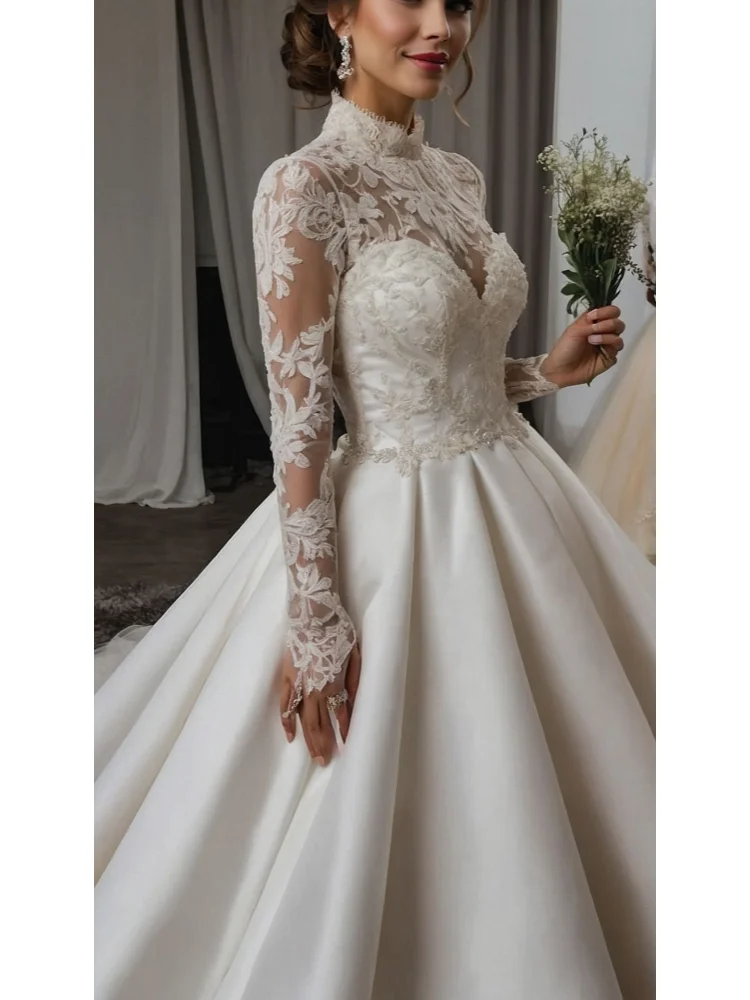 Customized 2026 New Woman White Elegant High Collar Lace Satin Long Sleeve Skirt Wedding Dress Vestido De Noiva