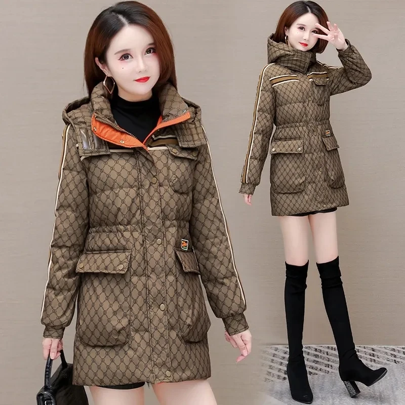 Down Cotton Jacket Womens Long 2023 New Winter Fashion Western Style Thicken Parkas Female Loose Hooded Printing  Padded Coat