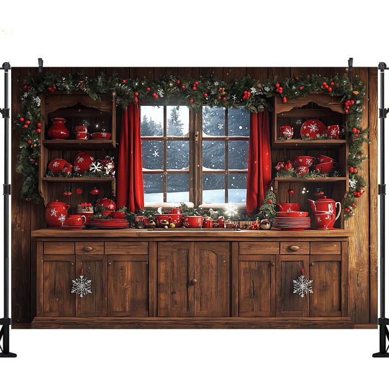 LS Natale Cucina Fotografia Sfondo Finestra di cuoco interna Decorazioni per alberi di Natale Bambini Ritratto di famiglia Sfondo fotografico Studio