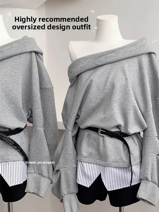 

Модная женская толстовка в стиле Lazy Style с длинным рукавом и одним открытым плечом, корейская версия, высокое качество, осень-зима, новинка