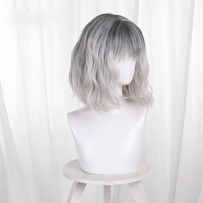Requiem Emily Cosplay Wig Grey Ombre Bangs Wavy Medium Bob Hair Halloween Horror Game Cos Comic Con Heat Resistant Synthetic Wig