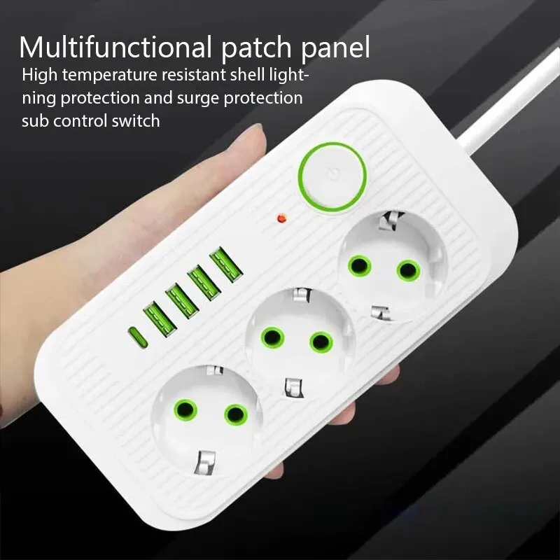 Multiprise multiprise EU Plug Power Strip, câble d'extension de 2m, prises électriques multiprises 3AC, 4 USB, 1 type C, filtre réseau, charge rapide