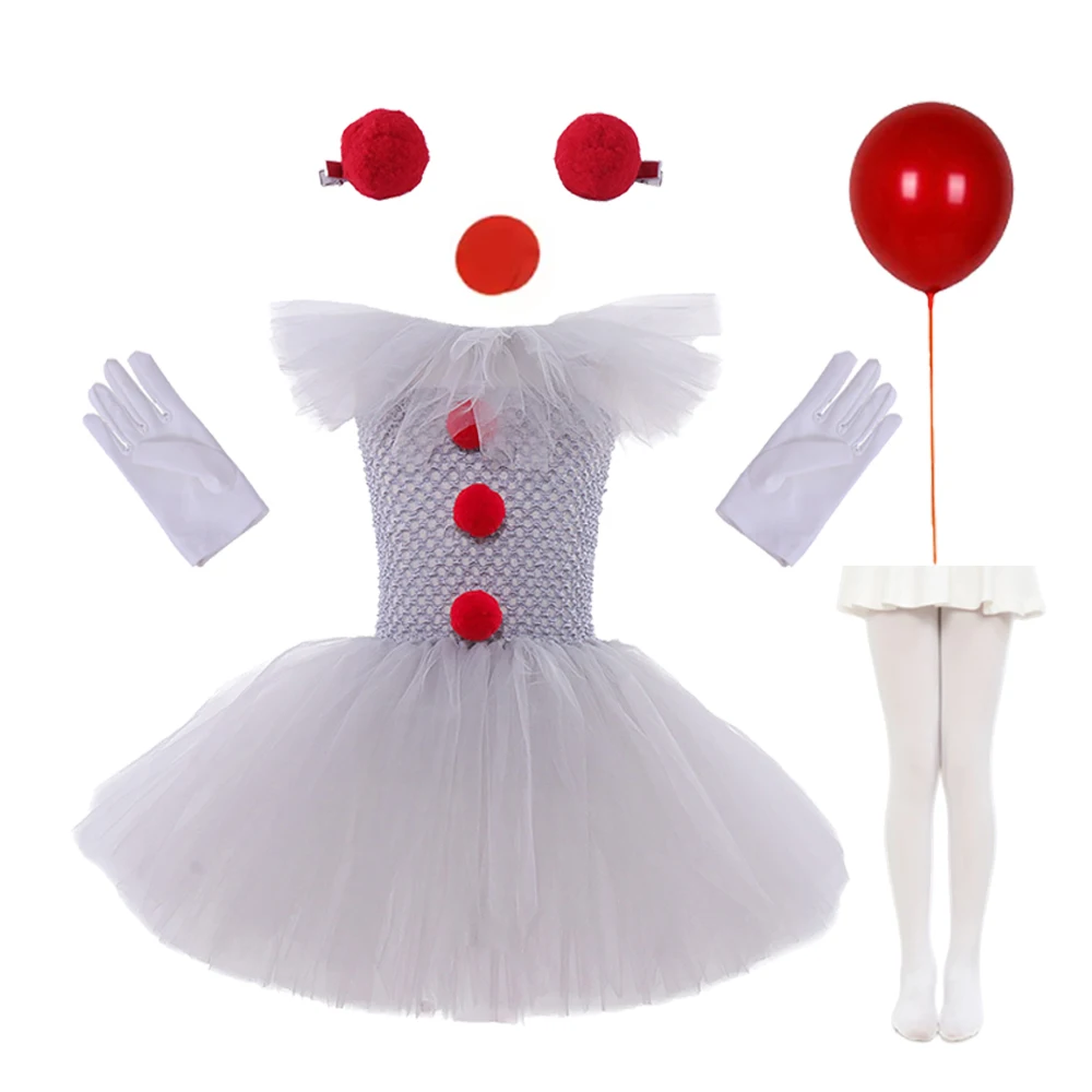 Clown Costume Girls Carnival Party Fancy Gray Joker Tutu Dress Up Outfit Creepy Joker Cosplay Halloween Costume for Kids Clothes