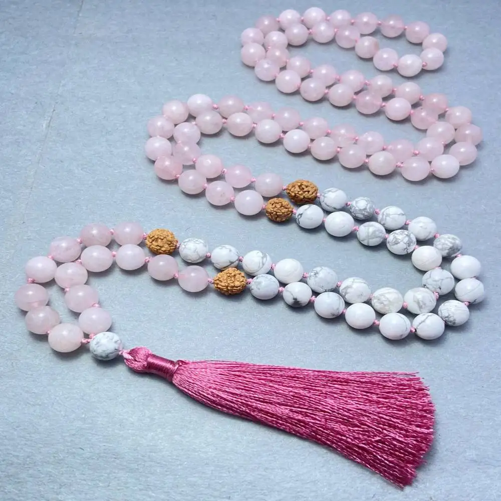 

Natural Rose Quartz & White Howlite 108 Beads Mala Necklace with Rudraksha Pendant & Pink Tassel Healing Crystal Jewelry