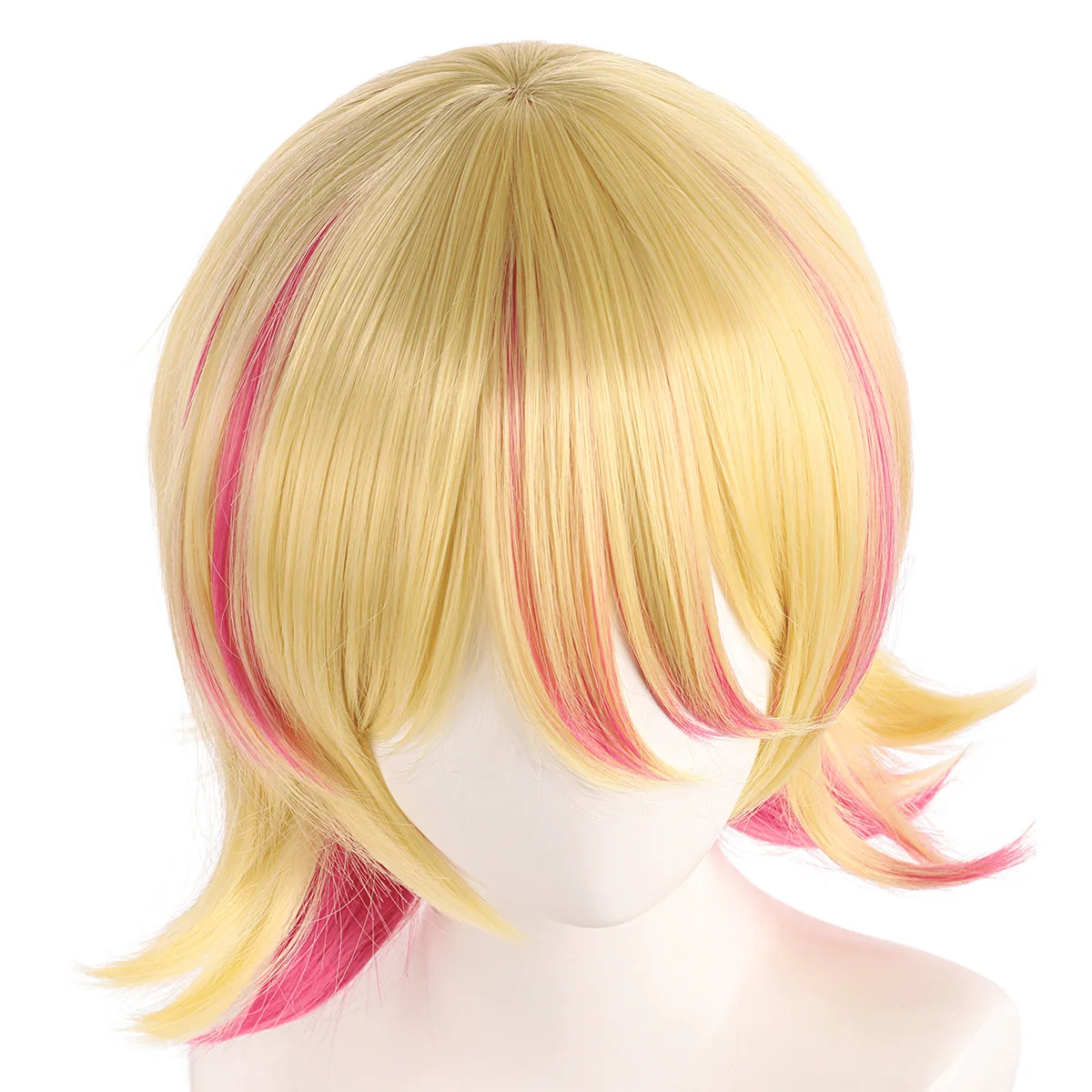 Anime wigs for Rin Cosplay Wig Short Blonde Wavy Wigs with Pink Highlighted Bangs Synthetic Halloween Wigs
