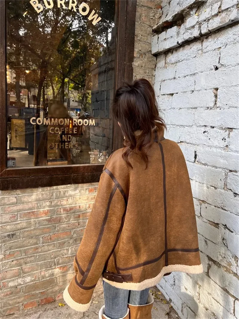 Leather Fur Integrated Lamb Fur Jacket Women\'s Autumn Winter Suede Deer Suede Lamb Fur Motorcycle Jacket, High-end Feeling Coat