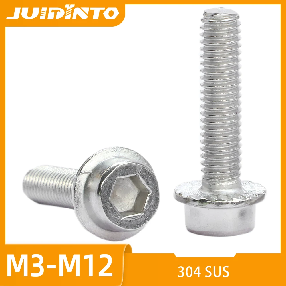 JUIDINTO 1-20pcs 304 Stainless Steel Hex Socket Cap Flange Head Screws M3-M12 Allen Cap Head Machine Screw for Machinery Use